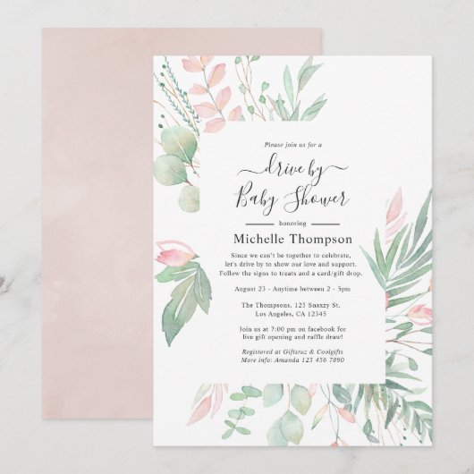 Invitation de douche de bébé Pastel Blush Greenery (Devant / Derrière)