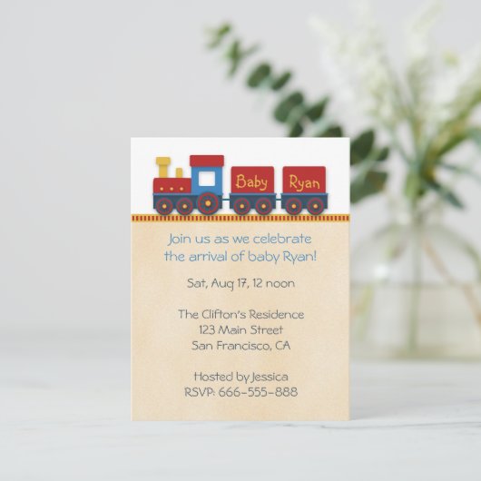 Invitation de douche de bébé : Train de jaune, (Debout devant)