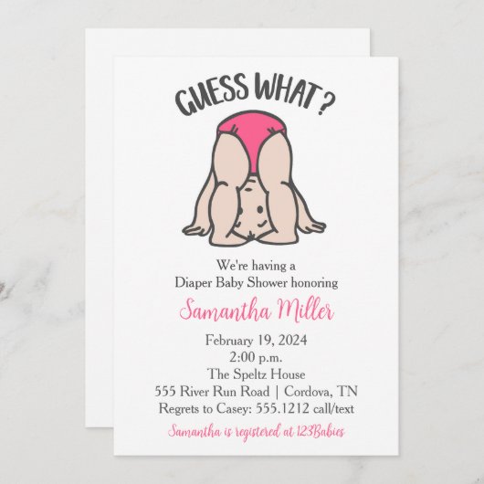 Invitation de douche de couche pour bébé fille (Devant / Derrière)