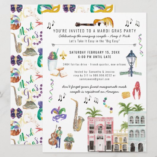 Invitation de douche de couple Mardi Gras (Devant / Derrière)