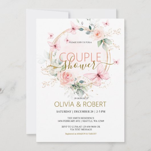 Invitation de douche de couple Papillons et fleurs (Devant)