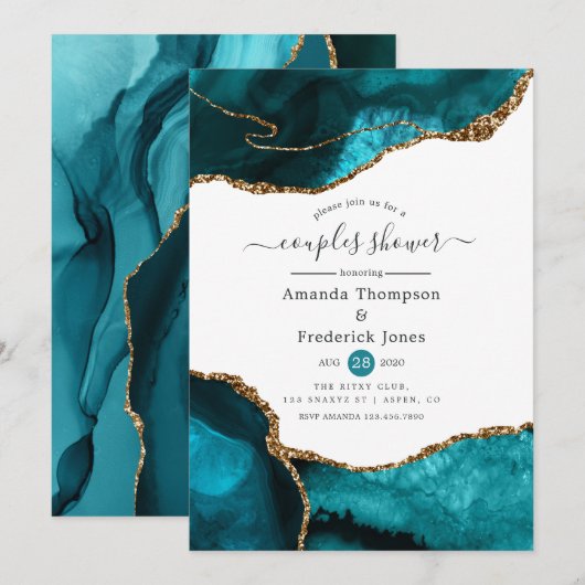 Invitation de douche de couples en Agate Turquoise (Devant / Derrière)