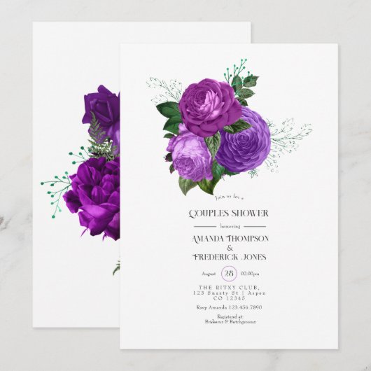 Invitation de douche de couples floraux violets et (Devant / Derrière)