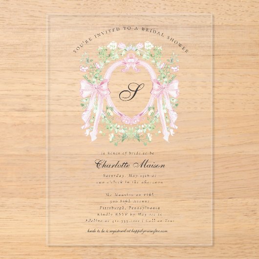 Invitation de douche de mariage à monogramme rose (Recto)