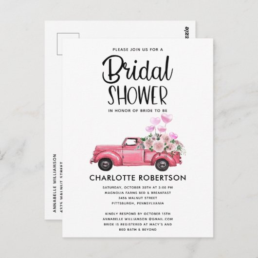 Invitation de douche de mariage de camionnette vin (Devant / Derrière)