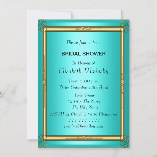 Invitation de douche de mariage sarcelle (Devant)