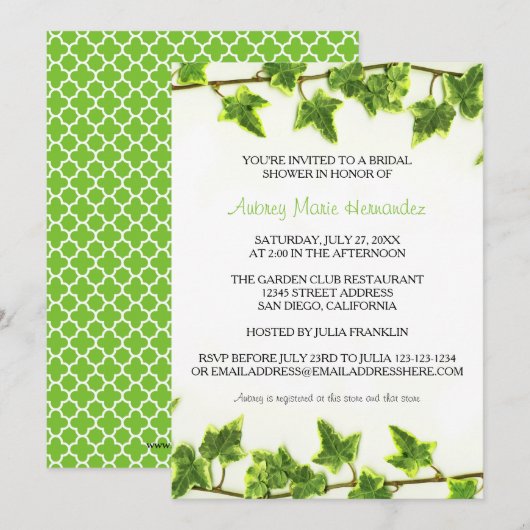 Invitation de douche de mariée - Lierre vert (Devant / Derrière)