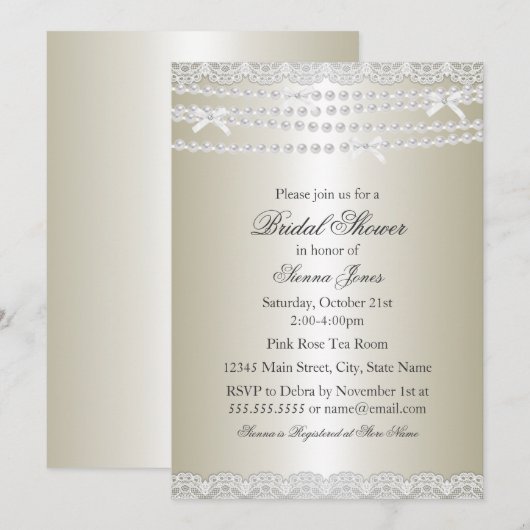 Invitation de douche de mariée Pretty Lace & Pearl (Devant / Derrière)