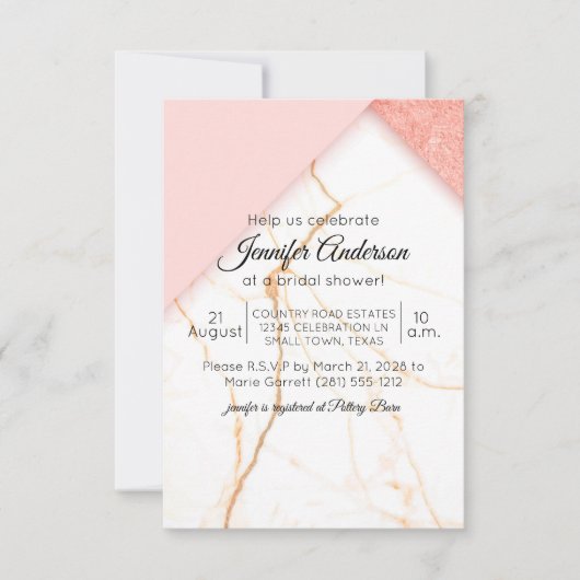 Invitation de douche de rose moderne et or en marb (Devant)