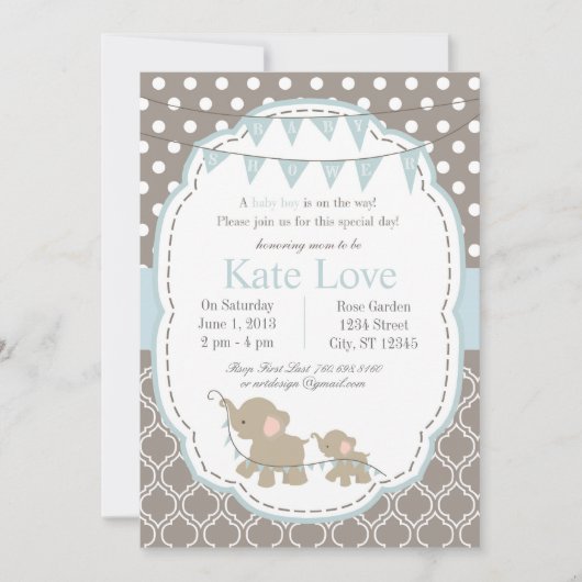 Invitation de douche d'éléphant de bébé - bleu (Devant)