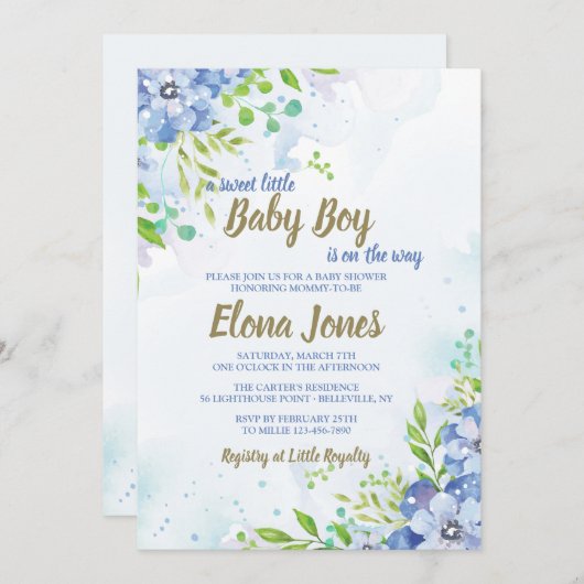 Invitation de douche florale bleue (Devant / Derrière)