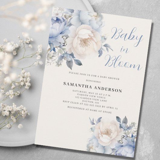 Invitation de douche florale bleue pour garçon Bab