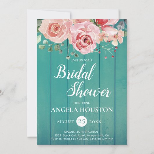 Invitation de douche Florale Rose Blush Bleu Sarce (Devant)
