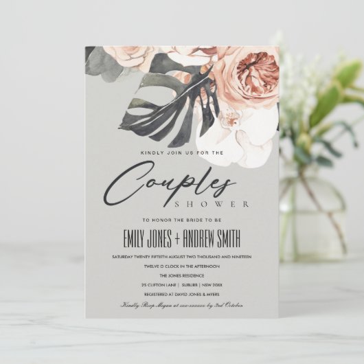 INVITATION DE DOUCHE MONSTRERA FLORALE GRISE RUST (Debout devant)