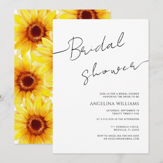 Invitation de douche nuptiale Aquarelle Tournesol (Devant / Derrière)