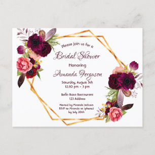 Invitation de douche nuptiale bordeaux fleurie boh