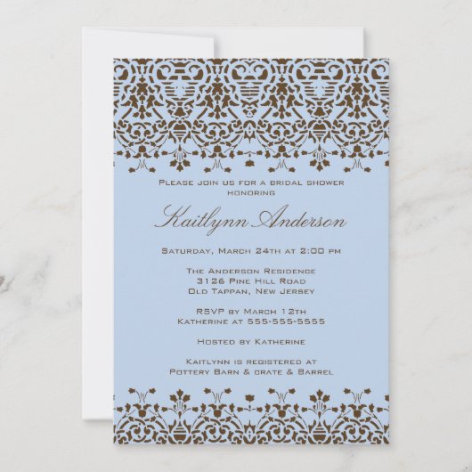 Invitation de douche nuptiale Brown et bleu Damask (Devant)