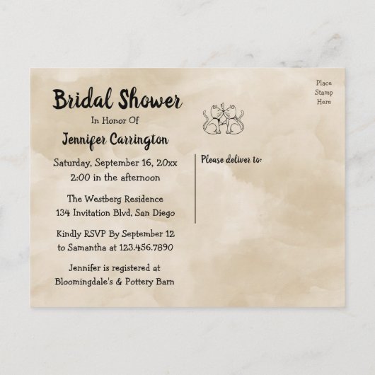 Invitation de douche nuptiale chat Aquarelle Brown (Dos)