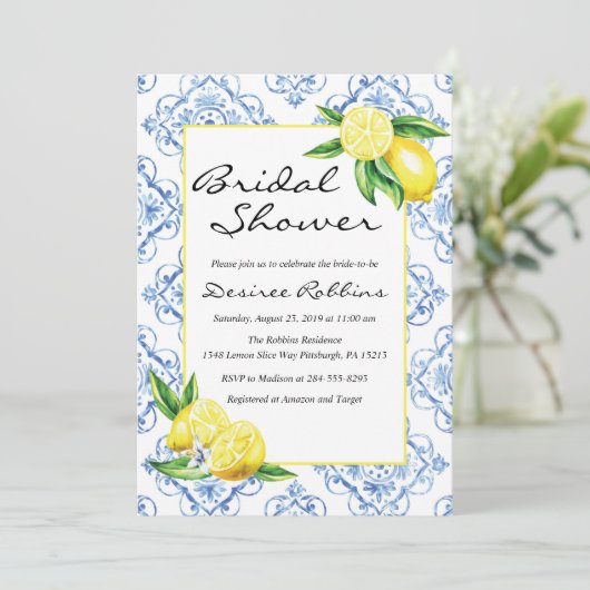 Invitation de douche nuptiale citron, Carrelage bl (Debout devant)
