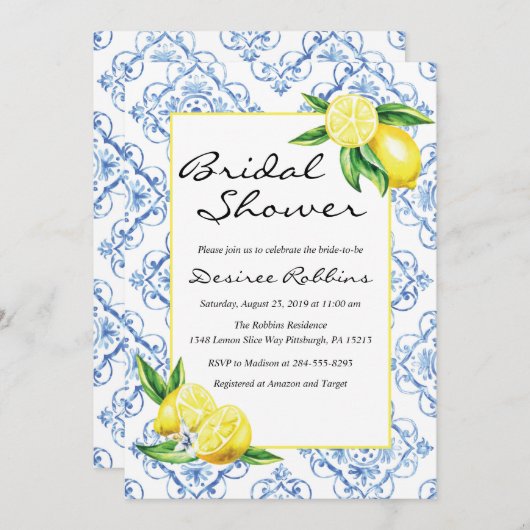 Invitation de douche nuptiale citron, Carrelage bl (Devant / Derrière)
