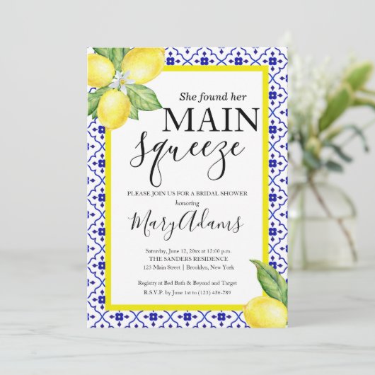 Invitation de douche nuptiale citron, Carrelage bl (Debout devant)