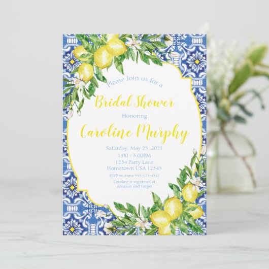 Invitation de douche nuptiale citron, Carrelage bl (Debout devant)