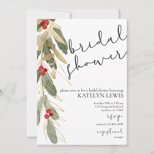 Invitation de douche nuptiale d'hiver Gold Holly (Devant)