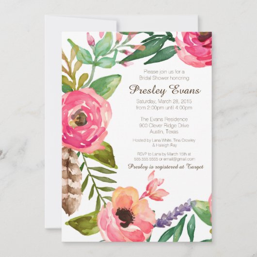 Invitation de douche nuptiale en fleurs et en plum (Devant)