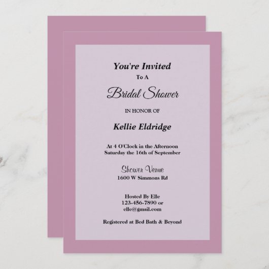 Invitation de douche nuptiale encadrée violet clai (Devant / Derrière)