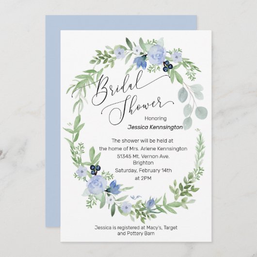 Invitation de douche nuptiale Fleurs bleues glacée (Devant / Derrière)