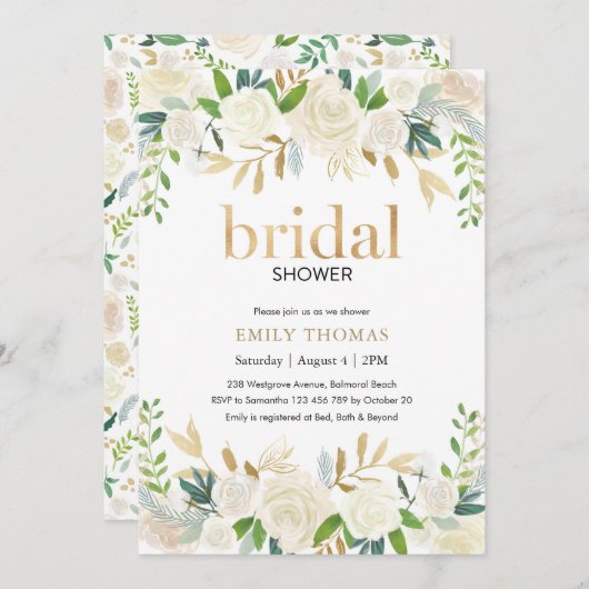 Invitation de douche nuptiale | Floral blanc et or (Devant / Derrière)