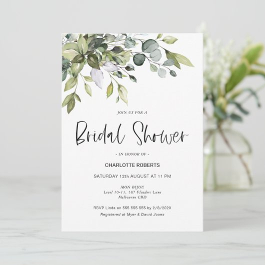Invitation de douche nuptiale Foliage vert moderne (Debout devant)