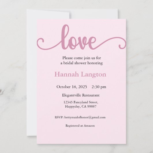 Invitation de douche nuptiale, Futur Mme, Amour (Devant)
