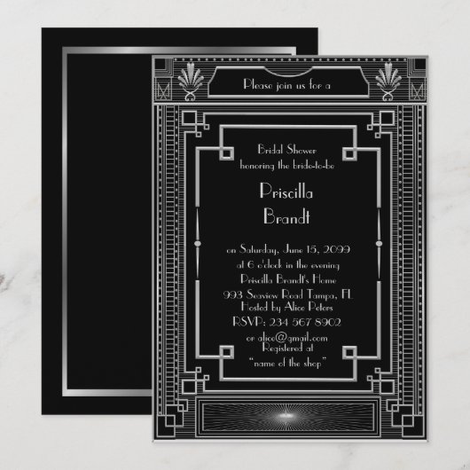Invitation de douche nuptiale, grand Gatsby noir a (Devant / Derrière)