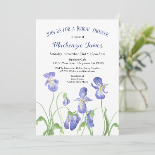 Invitation de douche nuptiale Iris violet printemp (Debout devant)