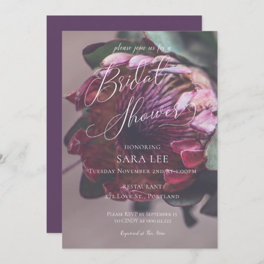 Invitation de douche nuptiale mariage Protea Purpl (Devant / Derrière)