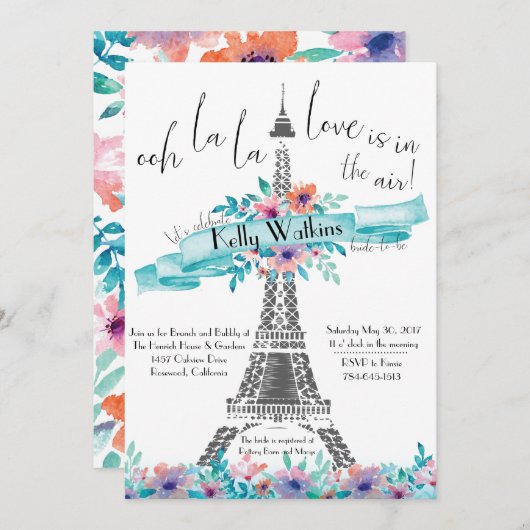 Invitation de douche nuptiale - Paris, Floral (Devant / Derrière)