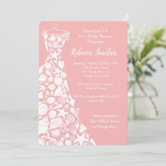 Invitation de douche nuptiale, plage, robe de coqu (Debout devant)