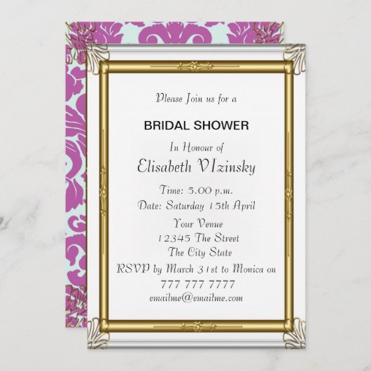 Invitation de douche nuptiale rose Damask (Devant / Derrière)