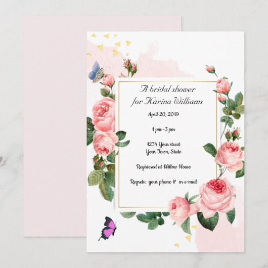 Invitation de douche nuptiale Rose vintage (Devant / Derrière)