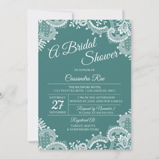 Invitation de douche nuptiale turquoise et dentell (Devant)