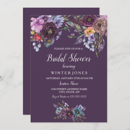 Invitation de douche nuptiale Turquoise violette (Devant / Derrière)