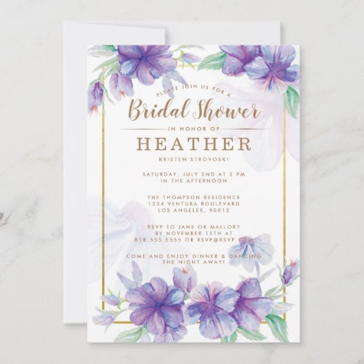 Invitation de douche nuptiale violet et or (Devant)