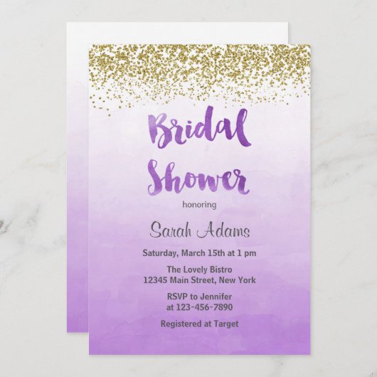 Invitation de douche nuptiale violet et or (Devant / Derrière)