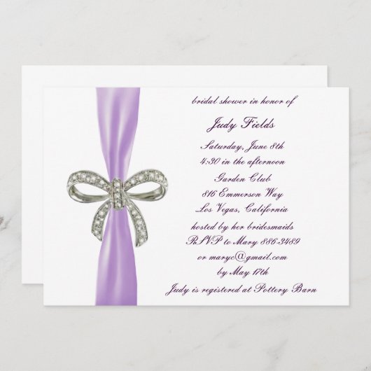 Invitation de douche nuptiale violette Diamond Bow (Devant / Derrière)