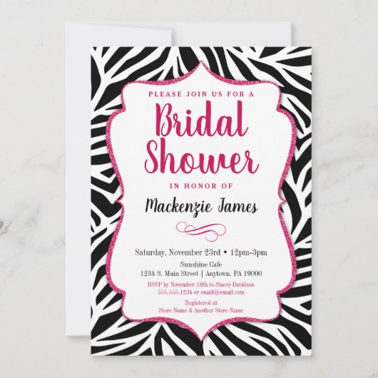 Invitation de douche nuptiale Zebra Rose noir blan (Devant)