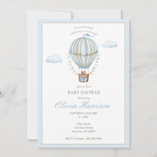 Invitation de douche pour bébé garçon au ballon à (Devant)