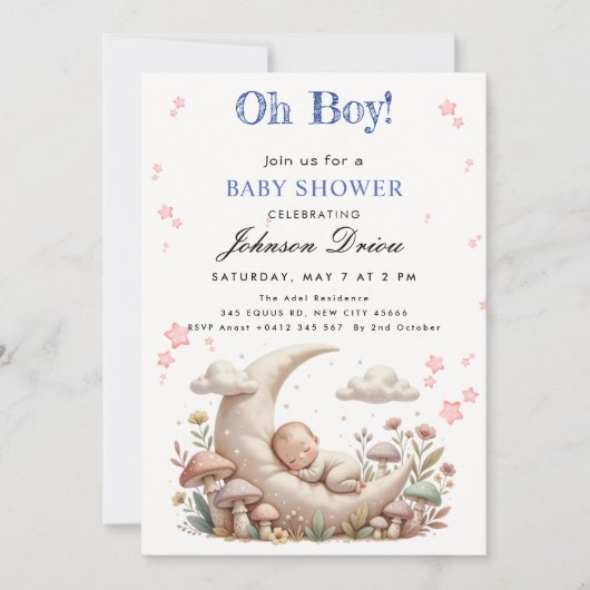 Invitation de douche pour bébé garçon sous la lune (Devant)