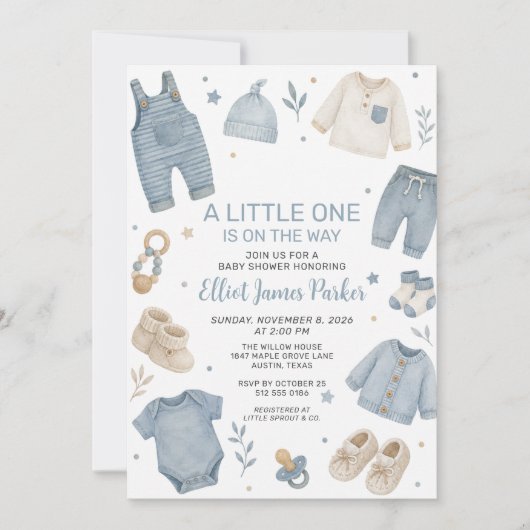 Invitation de douche pour bébé garçon tenue bleu b (Devant)