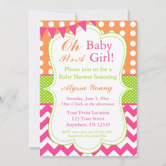 Invitation de douche pour petite fille rose orange (Devant)
